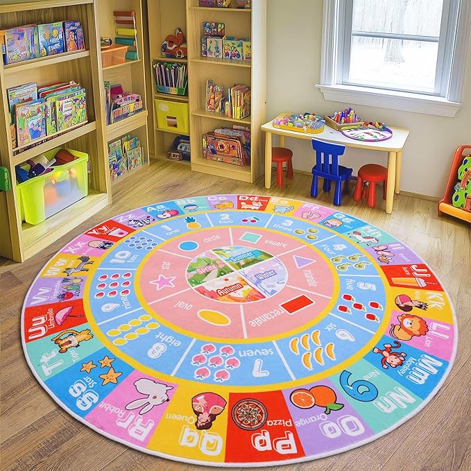 Kids Rugs for Playroom - Soft & Non-Slip 6x6 Feet Round Educational Rug for Learning ABC Alphabet, Numbers, Shapes & Season, Washable Classroom Rug for Toddler Nursery & Kids Room Decor