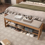 Shoe Rack Bench with Cotton-Linen Cushion 2-Tier Wooden Storage Bench 550lbs Compact Simple & Modern Design for Entryway, Hallway, Bedroom, Living Room, Closet, Front Door Entrance, Foyer