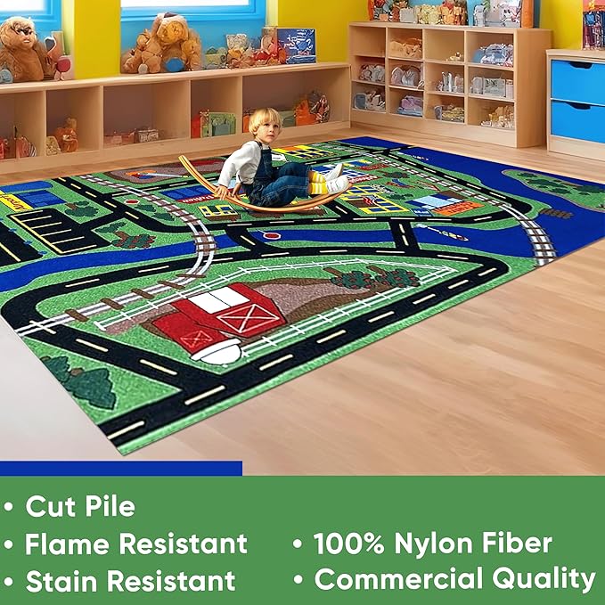 KIDCARPET.COM Total Transportation Play Mat Rug | Interactive Activity Carpet for Preschool Playroom Toy Car Track, 7'6" x 12'