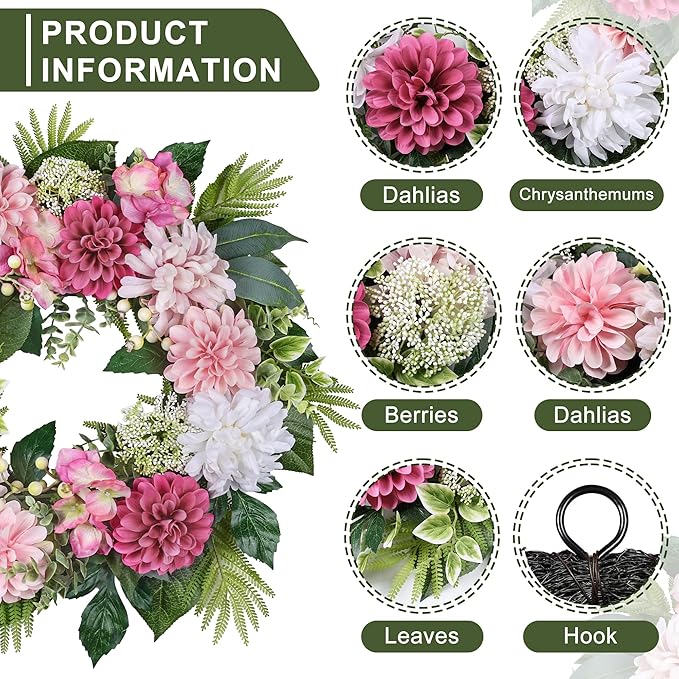 24-Inch Spring Wreath for Front Door with Hydrangeas Dahlias Daisy Silk Flowers and Berry Greenery for All Seasons Indoor Outdoor Wedding Farmhouse Porch Wall Living Room Home Wedding Decor