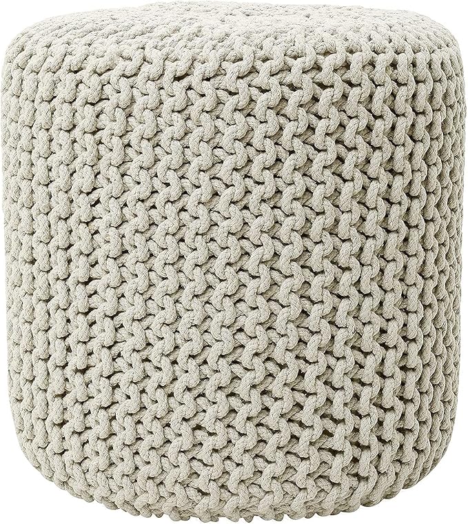 REDEARTH · Cylindrical Hand Knitted Pouf - Foot Stool Ottoman - Cord Boho Pouffe - Cotton Round Poof for Home Decor - Living Room - Nursery - Bedroom - Patio (16" x 16" x 16") - Ivory, Set of 2