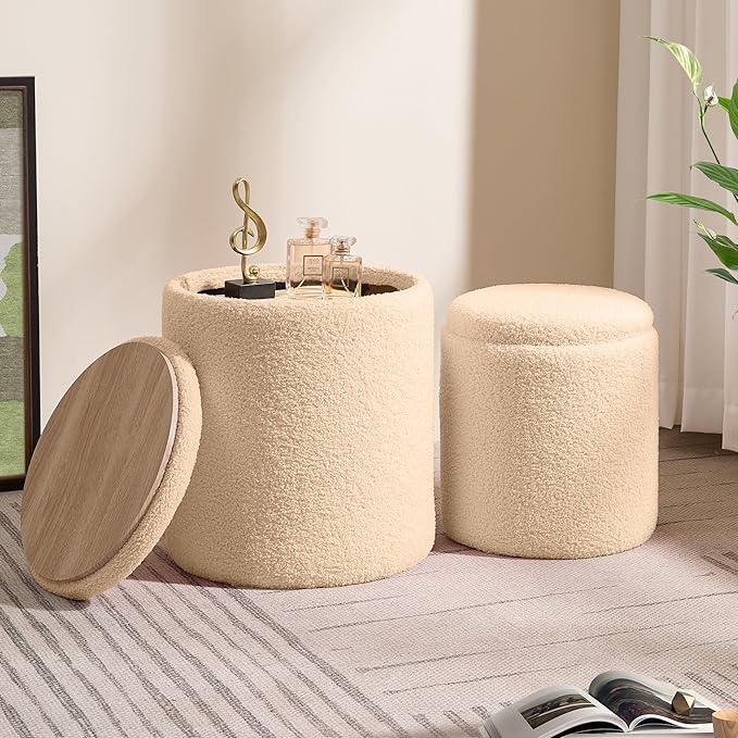 Sam Legend Round Boucle Ottoman with Storage Set of 2,Upholstered Vanity Stool Foot Rest with Removable Lid White Cylinder Stool Sitting Room Ottoman for Living Room Pouf Footstool,Gifts Beige