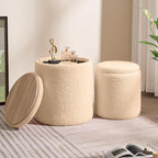 Sam Legend Round Boucle Ottoman with Storage Set of 2,Upholstered Vanity Stool Foot Rest with Removable Lid White Cylinder Stool Sitting Room Ottoman for Living Room Pouf Footstool,Gifts Beige