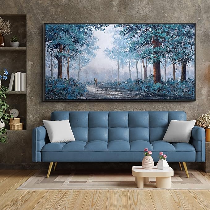 KLAKLA Framed Navy Blue Wall Art - Large Wall Art - Multi-layered Paint Overlay Effect Blue Leaves Plant Forest Picture Artwork Living Room Bedroom Wall Decor