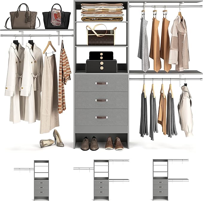 Armocity 96 Inches Closet System, 8FT Walk In Closet Organizer with 3 Shelving Towers, Heavy Duty Clothes Rack with 3 Drawers, Built-In Garment Rack, 96" L x 16" W x 75" H, Max Load 1000 LBS, Grey