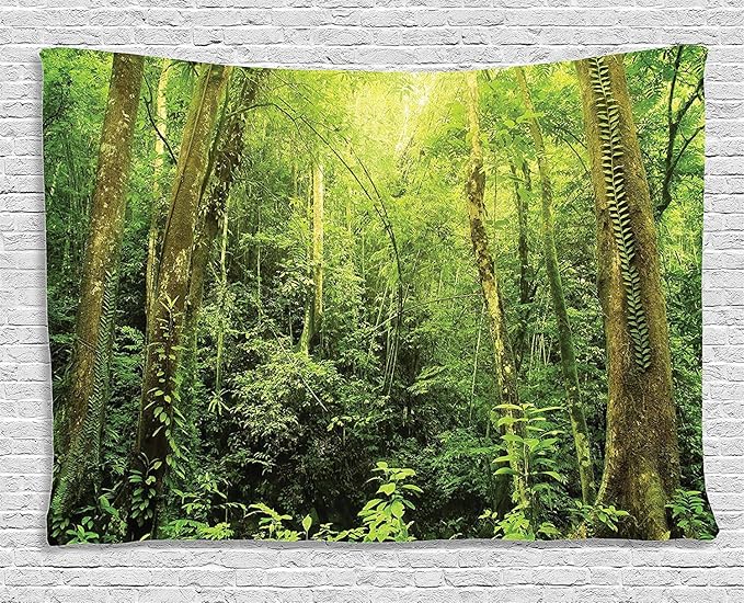 Ambesonne Rainforest Tapestry, Tropical Rainforest Landscape Malaysia Asia Green Tree Trunks Uncultivated Wood Print, Wide Wall Hanging for Bedroom Living Room Dorm, 60" X 40", Green Yellow