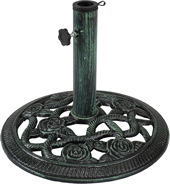 Sunnydaze 17lb Cast Iron Patio Umbrella Base - Heavy-Duty Round Metal Outdoor Market Umbrella Stand for Outside - 16-Inch - Green - Rose Blossom