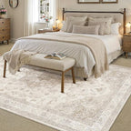 Beige Area Rug 7x10 Washable Living Room Carpet Vintage Non Slip Soft Bedroom Indoor Office Retro Low Pile Thin Oriental Medallion Large Rug for Dining Room Bathroom Playroom