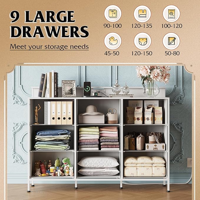 WLIVE White Dresser TV Stand for 45, 50, 55 inch TV, Entertainment Center with LED Lights & Charging Station, Chest of drawers with 9 Fabric Drawers and Open Shelves for Living Room, Hallway, Wood Top