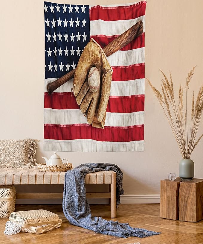 Ambesonne Baseball Tapestry, Vintage Baseball League Equipment Usa Grunge Glove Bat Fielding Sports Theme, Fabric Wall Hanging Decor for Bedroom Living Room Dorm, 23" X 28", Red Brown