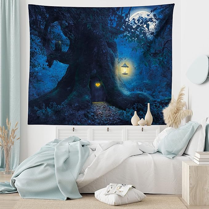 Ambesonne Forest Tapestry, Night with Home in Trunk of Enchanted Tree, Wide Wall Hanging for Bedroom Living Room Dorm, 60" X 40", Dark Night Blue Mustard