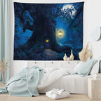 Ambesonne Forest Tapestry, Night with Home in Trunk of Enchanted Tree, Wide Wall Hanging for Bedroom Living Room Dorm, 60" X 40", Dark Night Blue Mustard