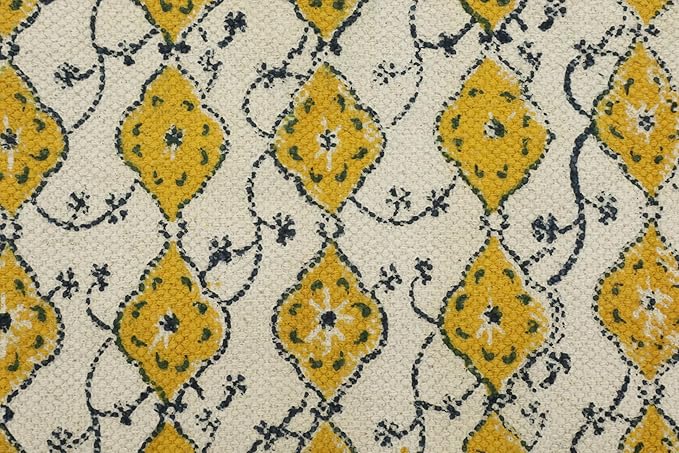 Area Rug 9' Square Rug Yellow & Beige Cotton Dhurrie Oriental Thick 0.19 inches Stone Easy Washable Rug Hand Wash Cotton Carpet Flatweave Rug Indoor Outdoor Rugs for Hall Room, Dining Room