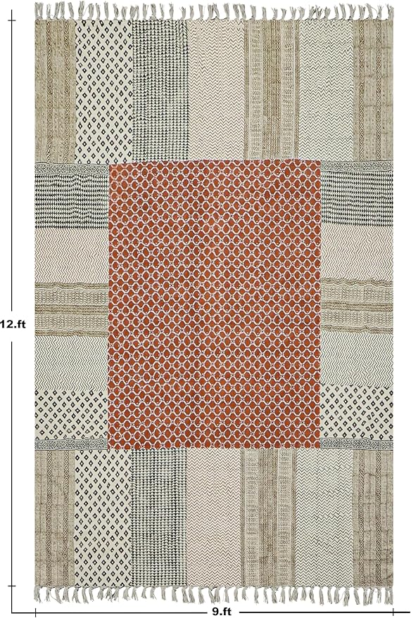 Kilim Rug 10x14 Area Rug Orange & Beige Cotton Dhurrie Oriental Thick 0.19 inches Stone Easy Washable Rug Hand Wash Cotton Carpet Flatweave Rug Indoor Outdoor Rugs for Living Room, Bedroom