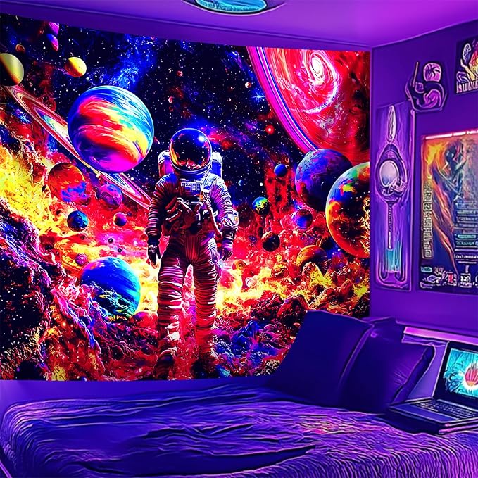 NYZE Astronaut Space Tapestry for Bedroom, BlackLight Tapestry Room Decor Wall Tapestries, Cool Galaxy Planet Wall Hanging, Wall Hanging for Men Guys Gamer Room Dorm Living Room 59in×51in