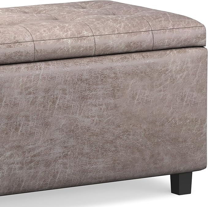 SIMPLIHOME Cosmopolitan Storage Ottoman - 34 inch Wide Upholstered Vegan Leather Rectangle Storage Ottoman Bench in Distressed Grey Taupe, Transitional Tufted Ottoman for Living Room with Lift-Up Lid
