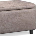 SIMPLIHOME Cosmopolitan Storage Ottoman - 34 inch Wide Upholstered Vegan Leather Rectangle Storage Ottoman Bench in Distressed Grey Taupe, Transitional Tufted Ottoman for Living Room with Lift-Up Lid