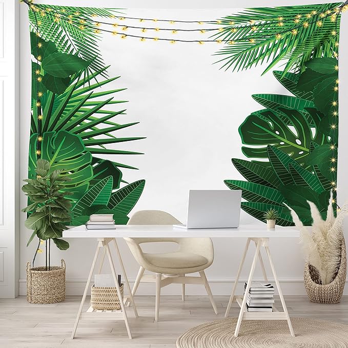 Ambesonne Leaf Tapestry King Size, Exotic Fantasy Hawaiian Tropical Palm Leaves Floral Graphic Art Print, Wall Hanging Bedspread Bed Cover Wall Decor, 104" X 88", Green White