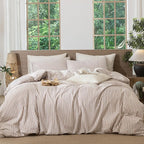 MooMee Striped Duvet Cover Set 100% Washed Cotton Linen Like Textured Breathable Durable Soft Comfy (Orange Classic Stripes, Palatial King/Oversized King 120"x98")
