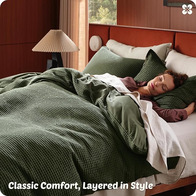 Bedsure Cotton Duvet Cover Full - 100% Cotton Waffle Weave Olive Green Duvet Cover Set, GentleSoft™ and Breathable Bedding Set for All Season, 3 Pieces, 80"x90"