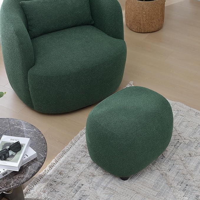 KINWELL Round Boucle Upholstered Ottoman Chair, Footstool with Soft Padded Seat, Fully Assembled Modern Sofa Couch Footrest, Extra Seating for Bedroom Entryway,Green(18.5" D x 23" W x 16.5" H)