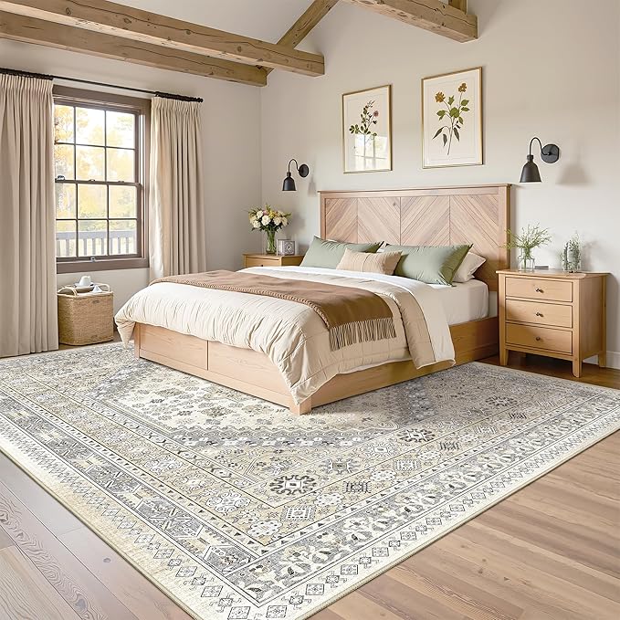 Washable Rugs 8x10 Area Rugs for Living Room, Non-Slip Backing Large Rug for Nursery Room, Vintage Floral Bedroom Rugs, Thin Indoor Home Decor Soft Farmhouse Rug (Beige,8'x10')
