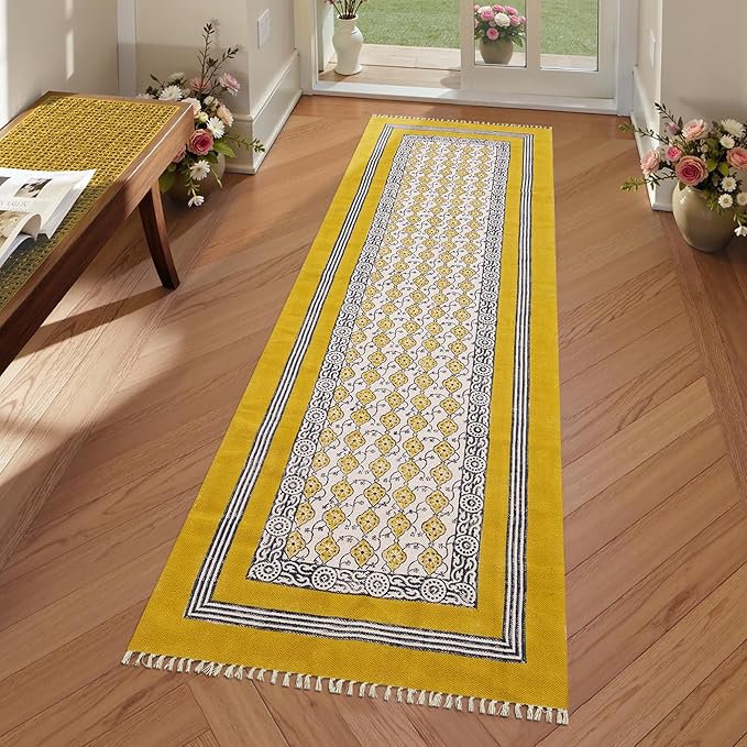 2x6 Hand Block Printed Cotton Runner Rug Yellow Beige Floral Design Thick 0.19" Boho Flatweave Handmade Carpet for Kitchen Entryway Bedside Yoga Room Indoor Outdoor Use