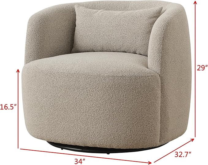 KINWELL 34" Wide Boucle Swivel Barrel Chair with 23" Ottoman Set, Fully Assembled Set of Sherpa Accent Chair and Footrest, Modern Comfy Armchair and Footstool for Living Room and Bedroom, Taupe