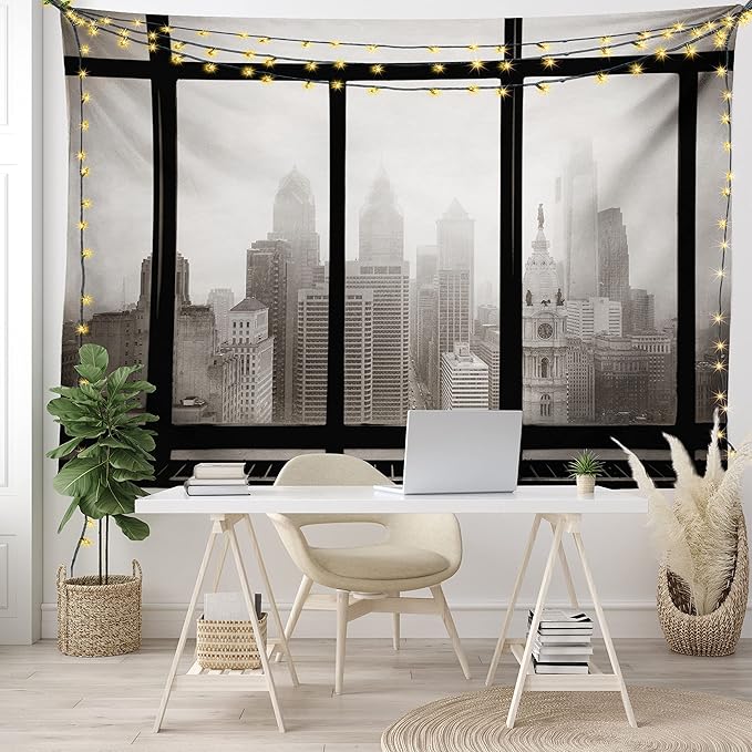 Ambesonne City Tapestry, Philadelphia City Rooftop View Through Window Skyline Landmark Rooftop Travel, Fabric Wall Hanging Decor for Bedroom Living Room Dorm, 45" X 30", Grey Black