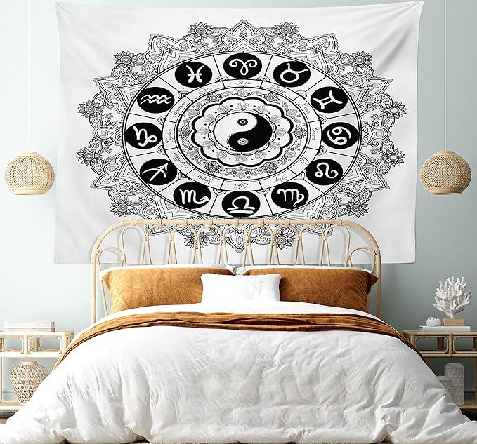 Ambesonne Ying Yang Tapestry, Round Zodiac Theme Design in Centre Astrology Signs Print, Fabric Wall Hanging Decor for Bedroom Living Room Dorm, 45" X 30", White Black