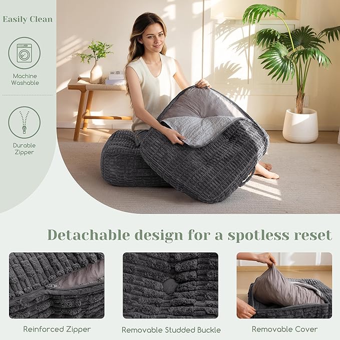 8" Washable Floor Pillow Cushion for Adults, Meditation Cushion Pillow, Removable Tufted Blended Corduroy Cover, Large Square Floor Sitting for Tatami Living Room or Yoga, 22x22 Inch, Machine Washable