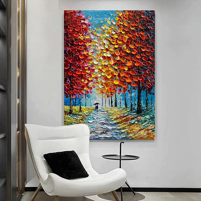 Art Hand-Painted Modern 3D Abstract Oil Painting 45x30 Inch Large Forest Landscape Vertical red Canvas Wall Art Living Room Bedroom Art Decoration