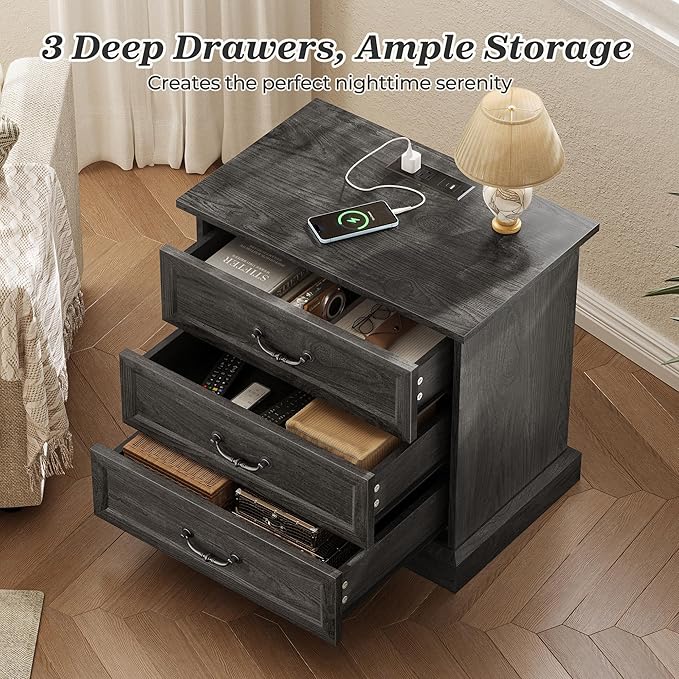 Huuger Nightstand with Charging Station, 3 Drawer Night Stand, 22 Inch Wider Side Table with Storage, Farmhouse Nightstand with Vintage Handles, Thicken Base, for Bedroom, Black