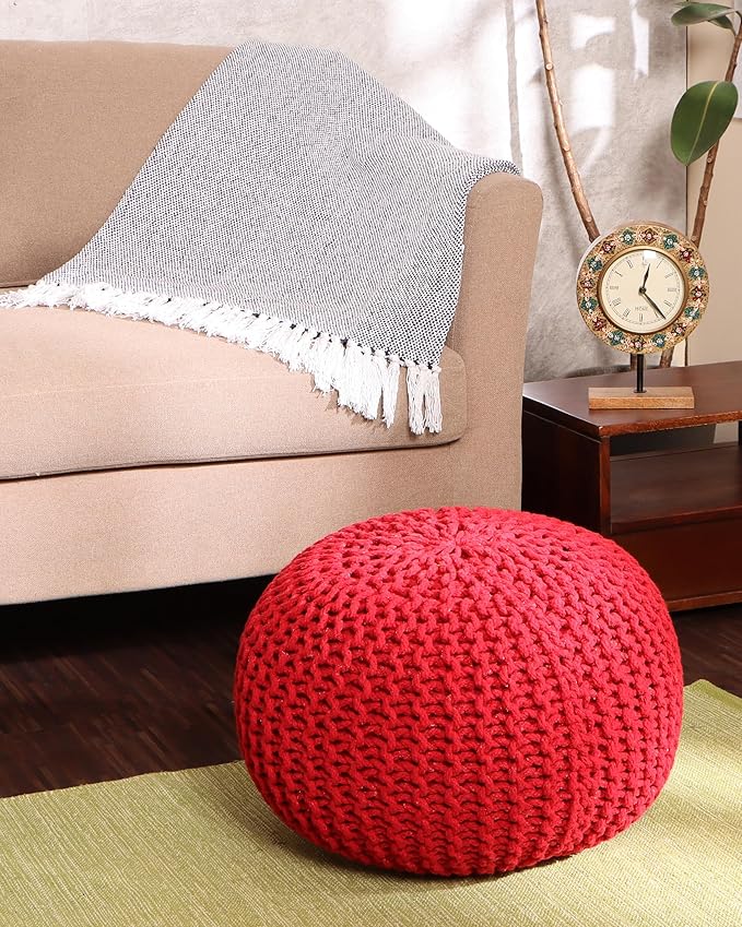 · REDEARTH · Round Pouf Ottoman - Hand Knitted Boho Poof Home Décor Pouffe Circular Footrest for Living Room - Bedroom - Lounge - 100% Cotton (19.5"x19.5"x14") - Red, Set of 2