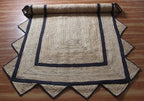 Scalloped Edge Rug, Hand Woven Natural Jute Area Rug, 10x14 Ft Beige & Black Braided Sisal Kilim Rugs for Living Room, Kitchen, Entryway, Farmhouse