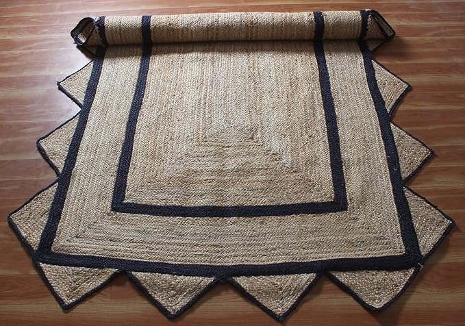 Scalloped Edge Rug, Hand Woven Natural Jute Area Rug, 9x9 Ft Square Beige & Black Braided Kilim Rugs for Living Room, Kitchen, Entryway, Farmhouse