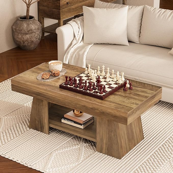 Tohomeor Coffee Table, 47.24" Farmhouse Wooden Rectangular Accent Center Tables with Storage Shelf Thick Base for Living Room, Home Office, Retro Brown