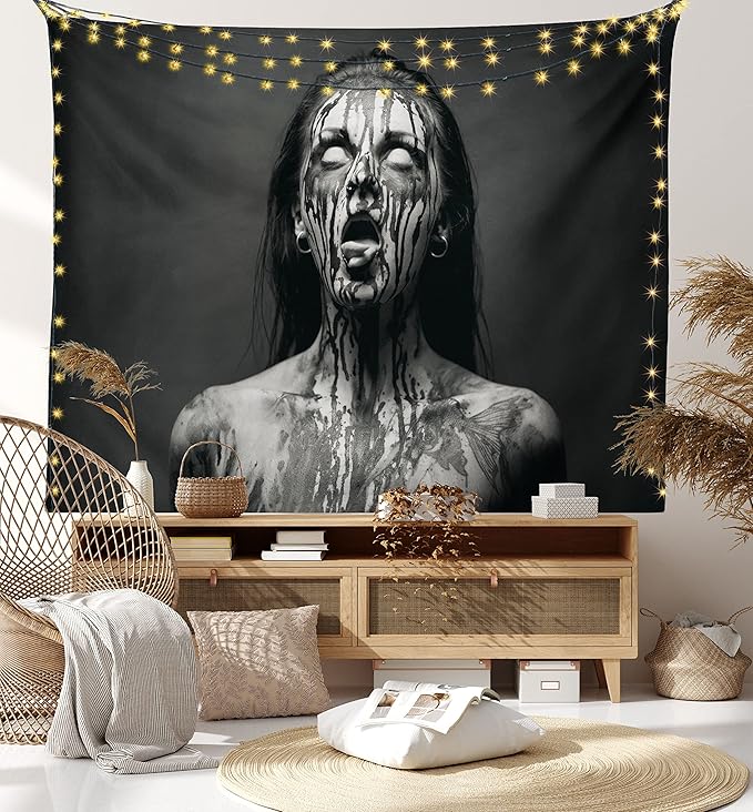 Ambesonne Zombie Tapestry Twin Size, Unusual Scream Monster Woman with Empty Eyes Looking up Horror Picture Design, Wall Hanging Bedspread Bed Cover Wall Decor, Twin Size, Black and White