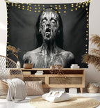 Ambesonne Zombie Tapestry King Size, Unusual Scream Monster Woman with Empty Eyes Looking up Horror Picture Design, Wall Hanging Bedspread Bed Cover Wall Decor, King Size, Black and White