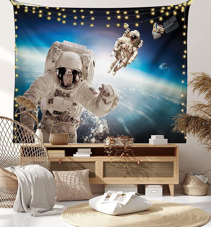 Ambesonne Outer Space Tapestry, Cosmonaut Crew in Universe Astronomy Atmosphere Astral Journey Inspired Image, Fabric Wall Hanging Decor for Bedroom Living Room Dorm, 28" X 23", Beige Blue