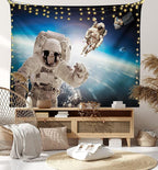 Ambesonne Outer Space Tapestry, Cosmonaut Crew in Universe Astronomy Atmosphere Astral Journey Inspired Image, Fabric Wall Hanging Decor for Bedroom Living Room Dorm, 28" X 23", Beige Blue