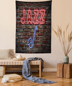 Ambesonne Music Tapestry Queen Size, Image of Alluring Neon All Jazz Sign Saxophone Instrument on Brick Wall Print, Wall Hanging Bedspread Bed Cover Wall Decor, 88" X 88", Red Blue