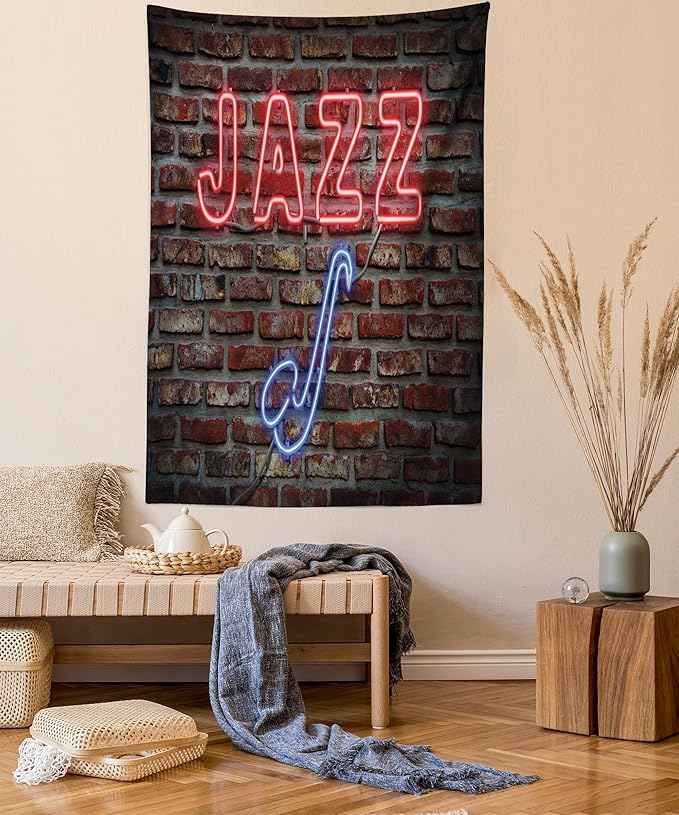 Ambesonne Music Tapestry, Image of Alluring Neon All Jazz Sign Saxophone Instrument on Brick Wall Print, Fabric Wall Hanging Decor for Bedroom Living Room Dorm, 23" X 28", Red Blue