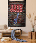 Ambesonne Music Tapestry, Image of Alluring Neon All Jazz Sign Saxophone Instrument on Brick Wall Print, Fabric Wall Hanging Decor for Bedroom Living Room Dorm, 30" X 45", Red Blue