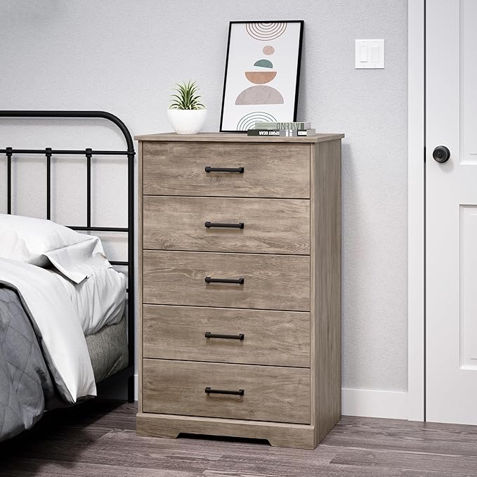 Prepac Rustic Ridge Farmhouse Dresser, Brown Dresser for Bedroom, Chest of Drawers with 5 Drawers 18.5" D x 27.5" W x 43.5" H, DBDR-1605-1