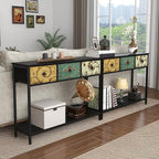 Tohomeor Entryway Console Table with 3 Retro Flowers Fabric Drawers Boho Narrow Long Behind Couch Farmhouse Sofa Table with Bottom Open Storage Shelf for Hallway Living Room Foyer (Black, 3 Drawers)