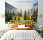 Ambesonne Forest Tapestry King Size, Fir Trees on Meadow Between Hillsides Conifer Woodland in Fog Before Sunrise, Wall Hanging Bedspread Bed Cover Wall Decor, 104" X 88", Gray Green