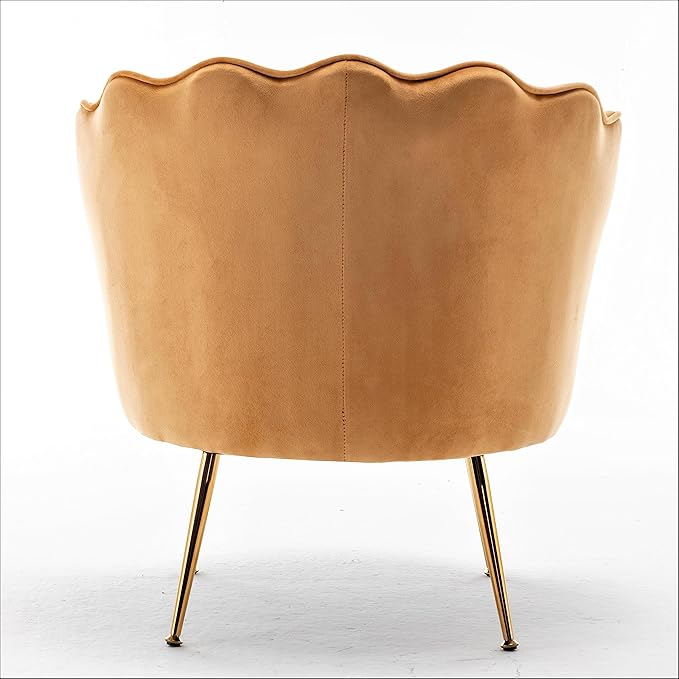 Velvet Barrel Accent Chair with Scalloped Silhouette and Gold Metal Legs, Decorative Piece Suitable for Traditional, Modern, and Contemporary Spaces, Mustard Yellow