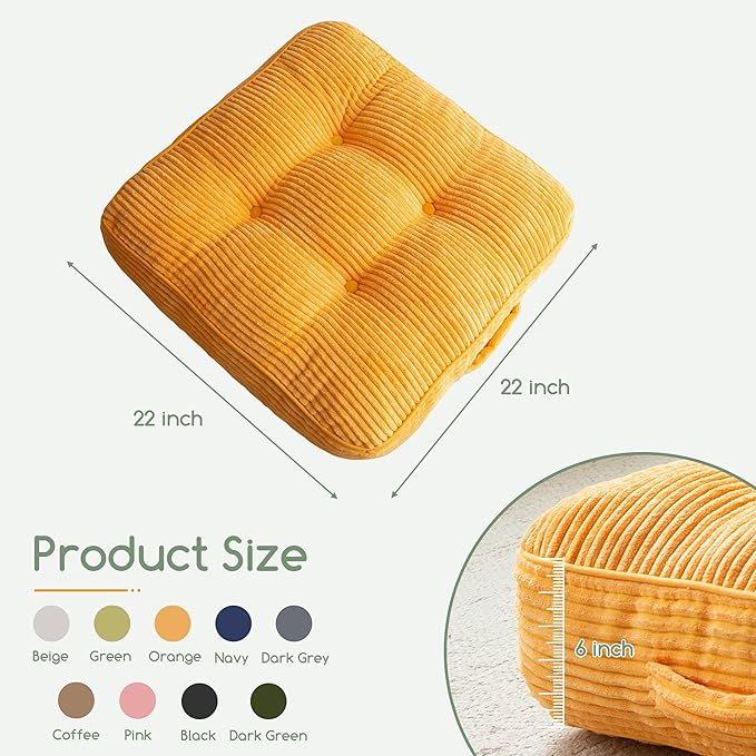 6" Washable Floor Pillow Cushion for Adults, Meditation Cushion Pillow, Large Square Floor Sitting, Removable Tufted Corduroy Cover, for Tatami Living Room or Yoga, 22x22 Inch, Machine Washable