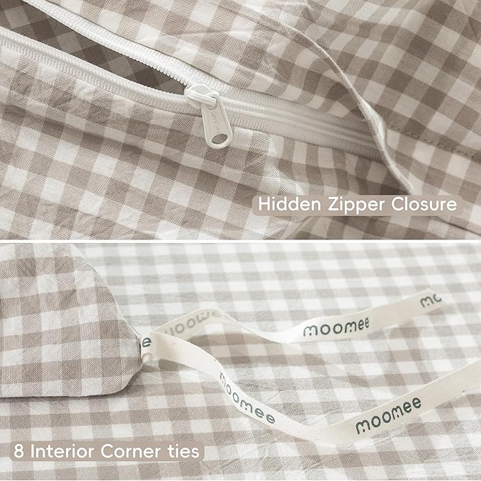 MooMee Gingham Duvet Cover Set 100% Washed Cotton Linen Like Textured Breathable Durable Soft Comfy Modern Checkered Design (Mini Gingham Tannish Linen Grey, Oversized Full 82"x86")